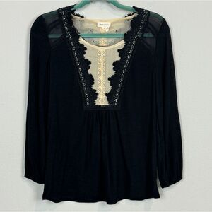 Meadow Rue Anthropologie Black Cream Lace 3/4 Sleeve Blouse S